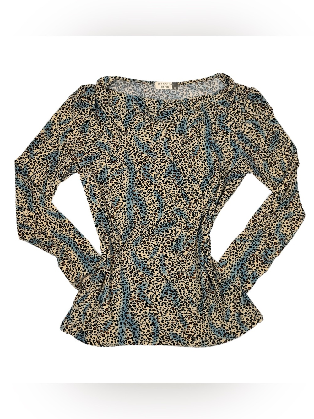 vintage Jon & Anna Beige Leopard Print Long-Sleeve Top with Blue Accents